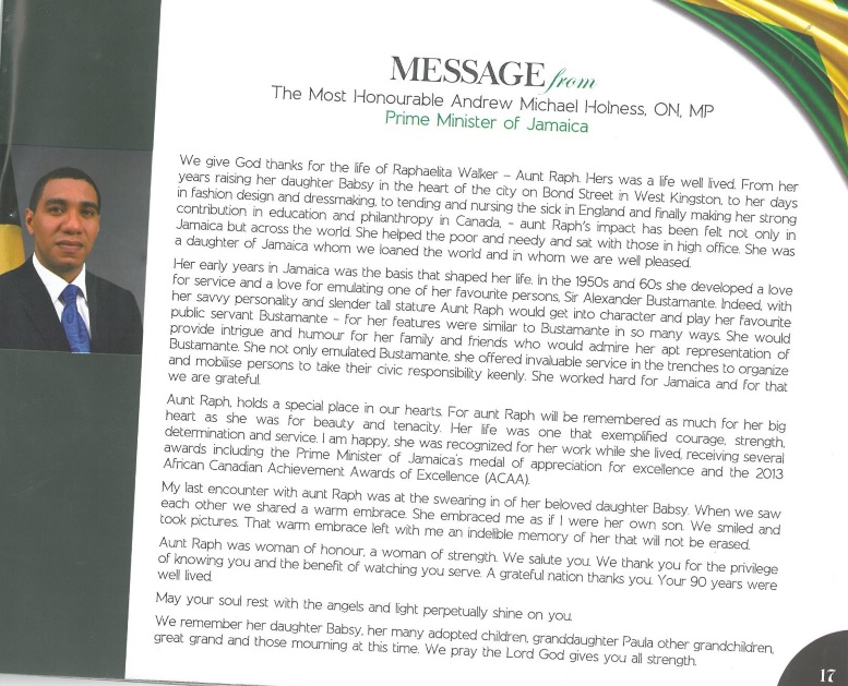 Message from Prime Minister Andrew Holness for Raphaelita Walker