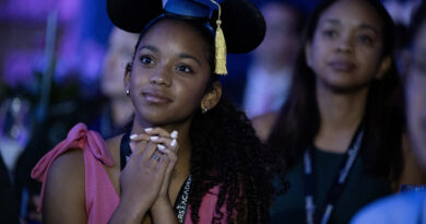 Disney Dreamers Academy students take part in an emotional commencement ceremony at Walt Disney World Resort in Lake Buena Vista, Fla. on April 7, 2024. The event featured popular Disney entertainment, beloved Disney characters, confetti, music and a moving class ring ceremony filled with joyful hugs and happy tears from students, parents and chaperones. (Mark Ashman, photographer)