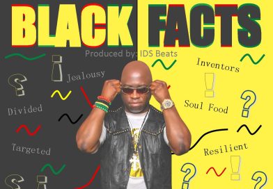 Promotional artwork for UZMAN’s single “Black Facts,” released during Black History Month 2026, showcasing the artist in a leather vest with keywords like “Resilient” and “Neglected” symbolizing themes in the song.